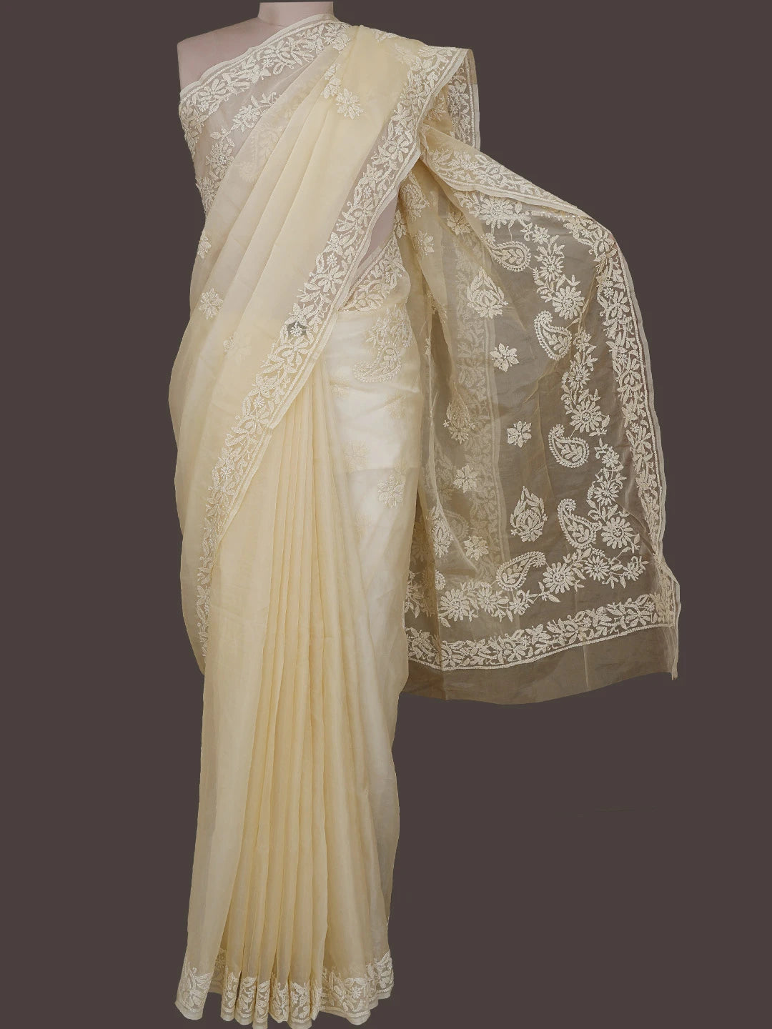 Ada Hand Embroidered Fawn Organza Lucknowi Chikankari Saree With Blouse 01A772260