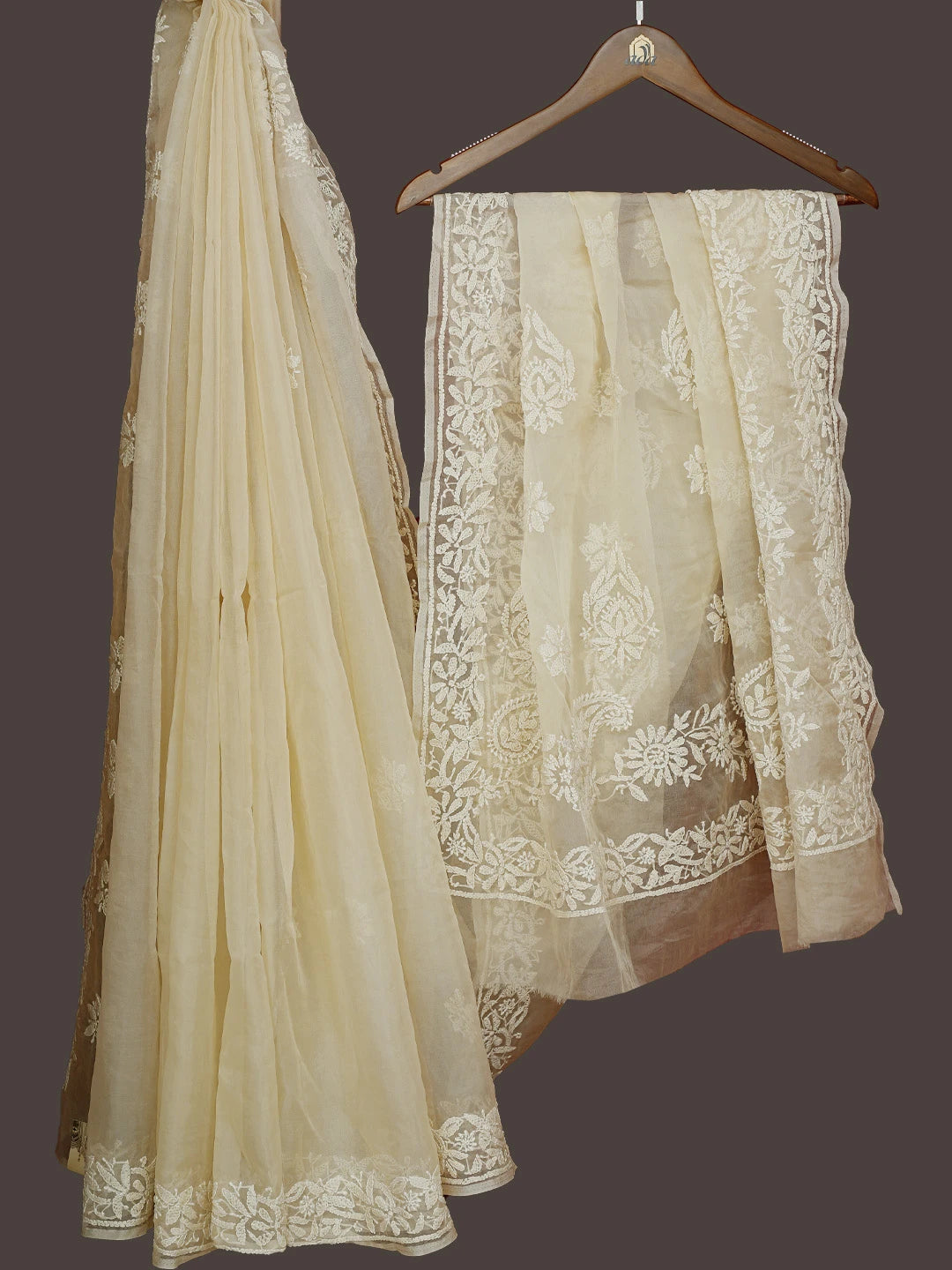Ada Hand Embroidered Fawn Organza Lucknowi Chikankari Saree With Blouse 01A772260