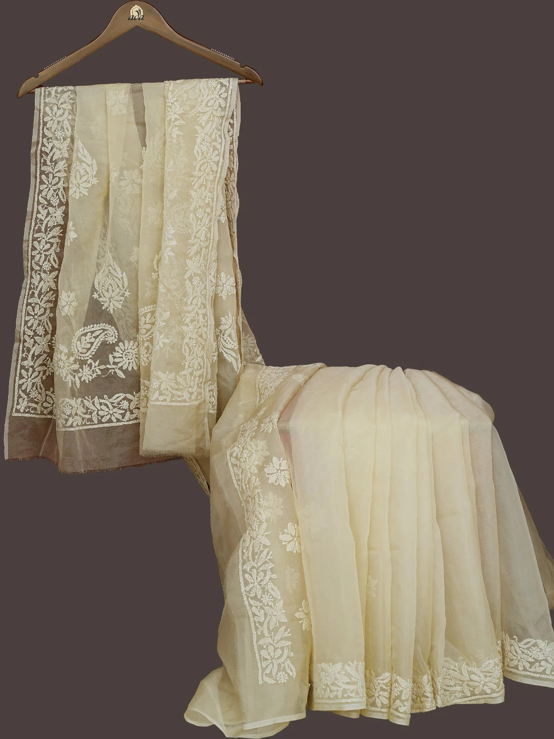 Ada Hand Embroidered Fawn Organza Lucknowi Chikankari Saree With Blouse 01A772260