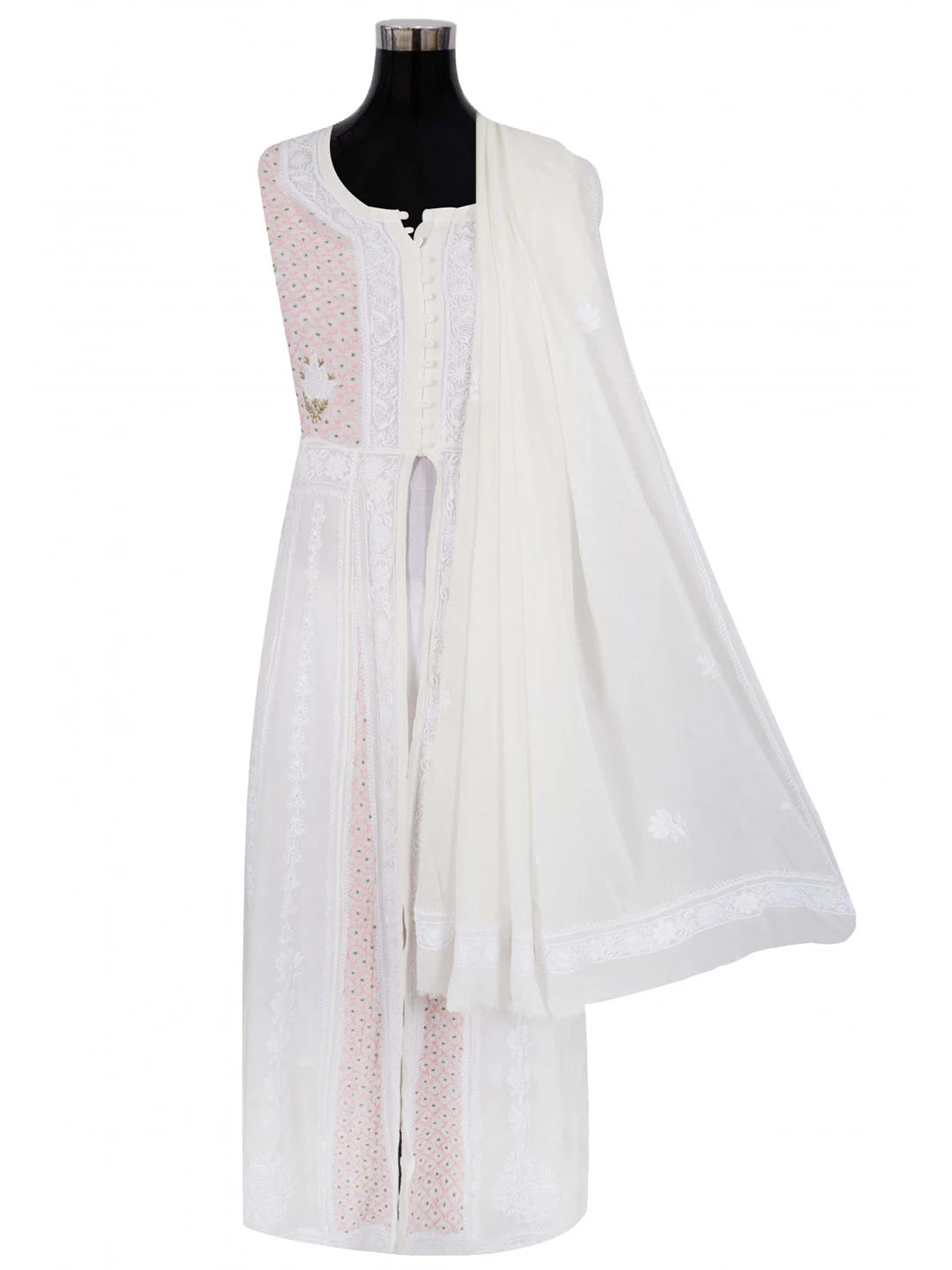 Ada Hand Embroidered White Pure Georgette Lucknowi Chikankari Semi-Stitched Anarkali Kurta Dupatta Set 01A177167