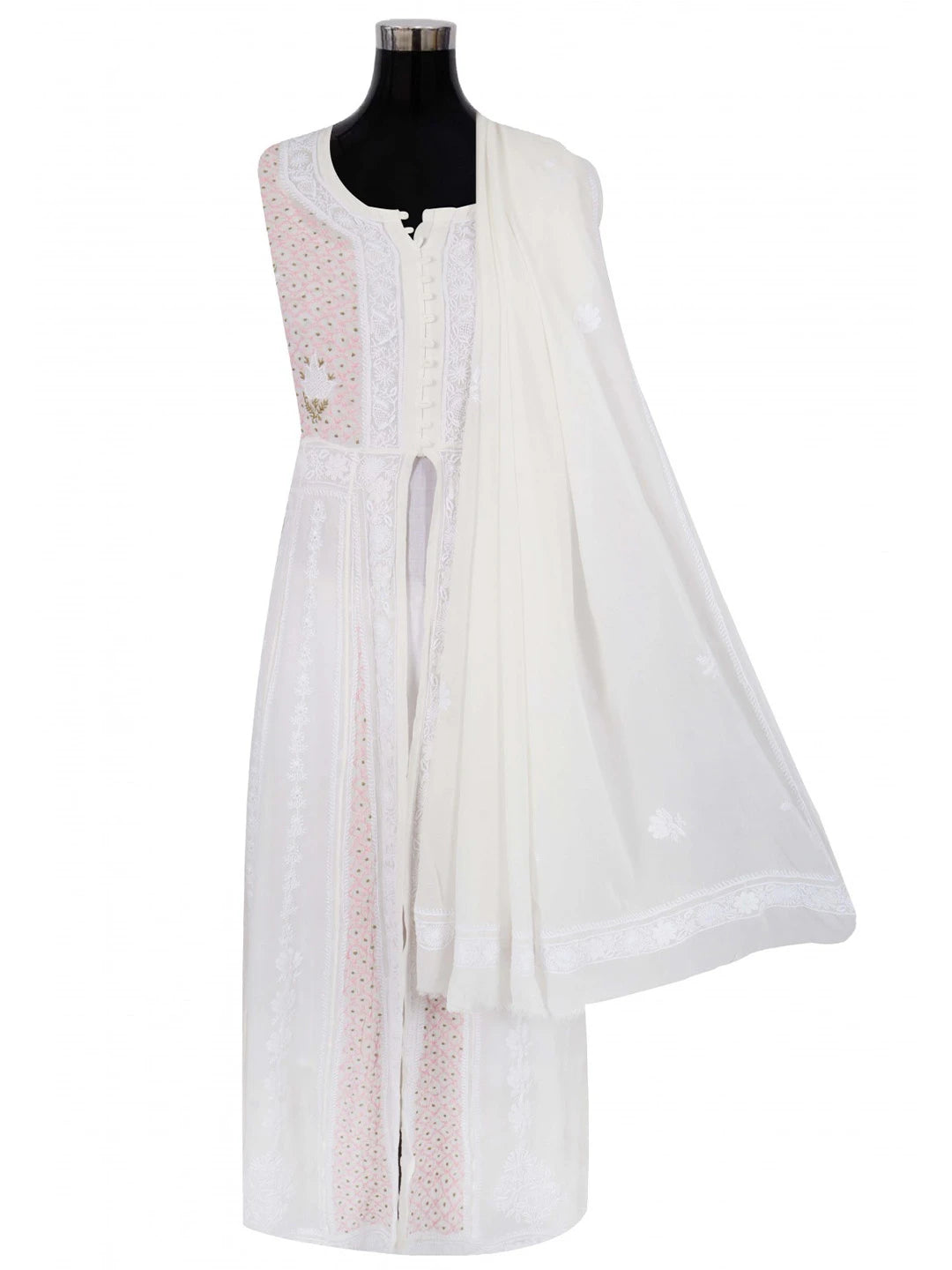 Ada Hand Embroidered White Pure Georgette Lucknowi Chikankari Semi-Stitched Anarkali Kurta Dupatta Set 01A177167