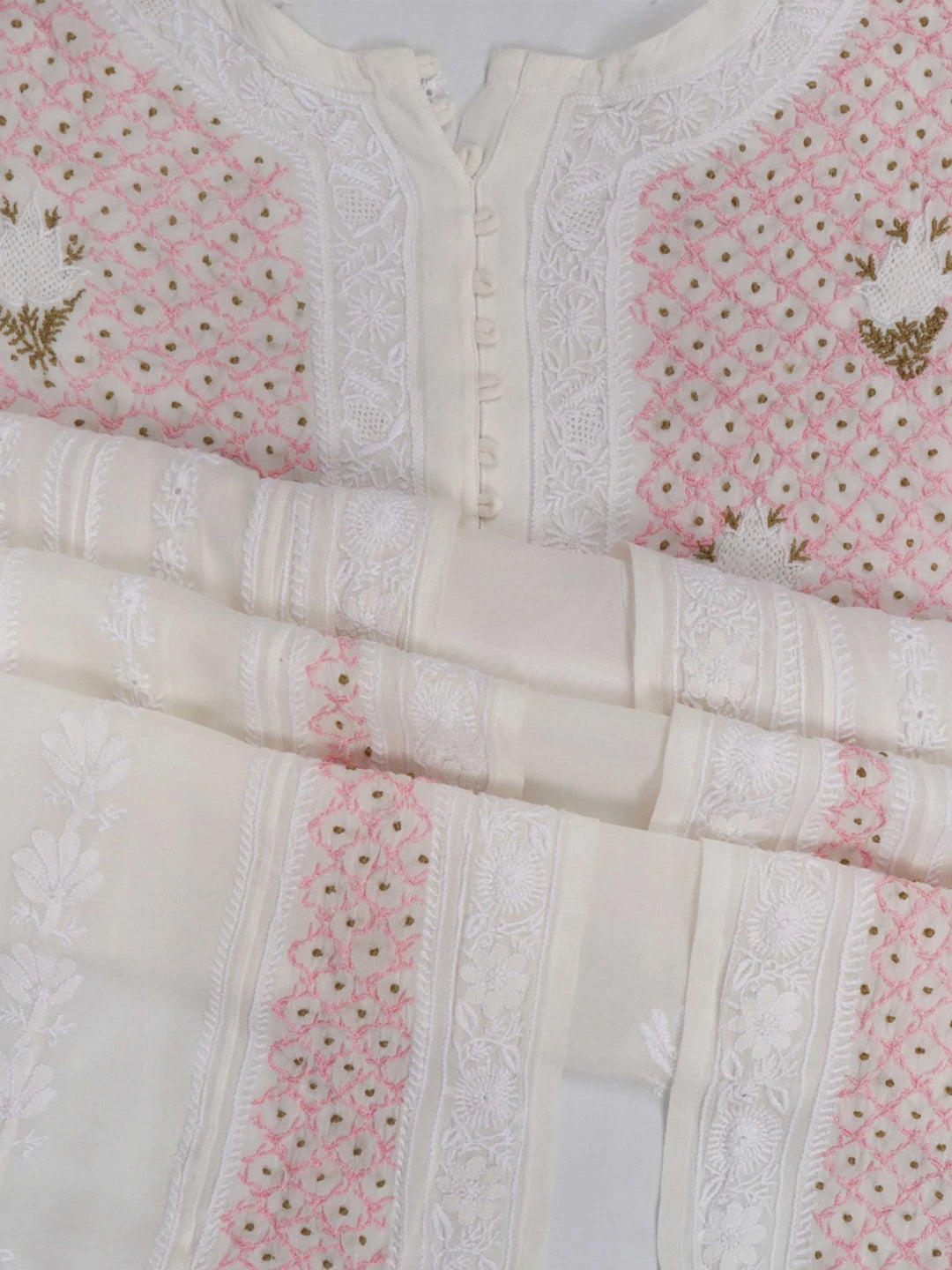 Ada Hand Embroidered White Pure Georgette Lucknowi Chikankari Semi-Stitched Anarkali Kurta Dupatta Set 01A177167