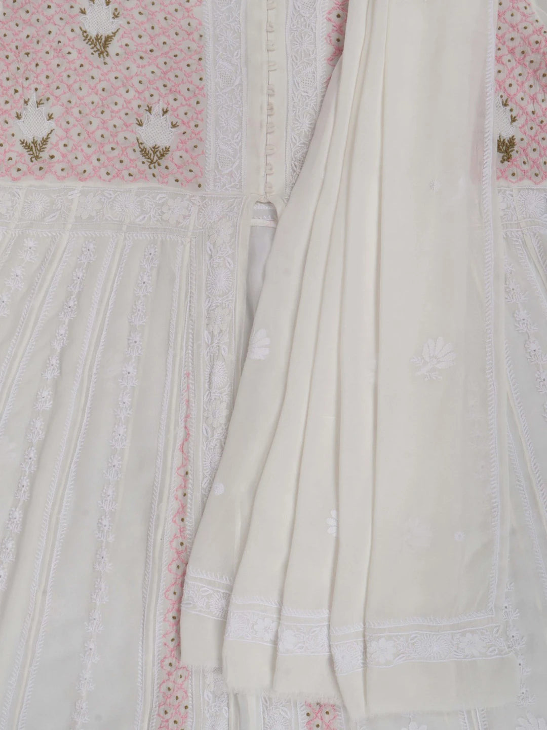 Ada Hand Embroidered White Pure Georgette Lucknowi Chikankari Semi-Stitched Anarkali Kurta Dupatta Set 01A177167