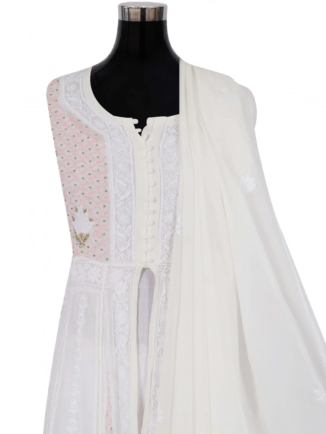 Ada Hand Embroidered White Pure Georgette Lucknowi Chikankari Semi-Stitched Anarkali Kurta Dupatta Set 01A177167