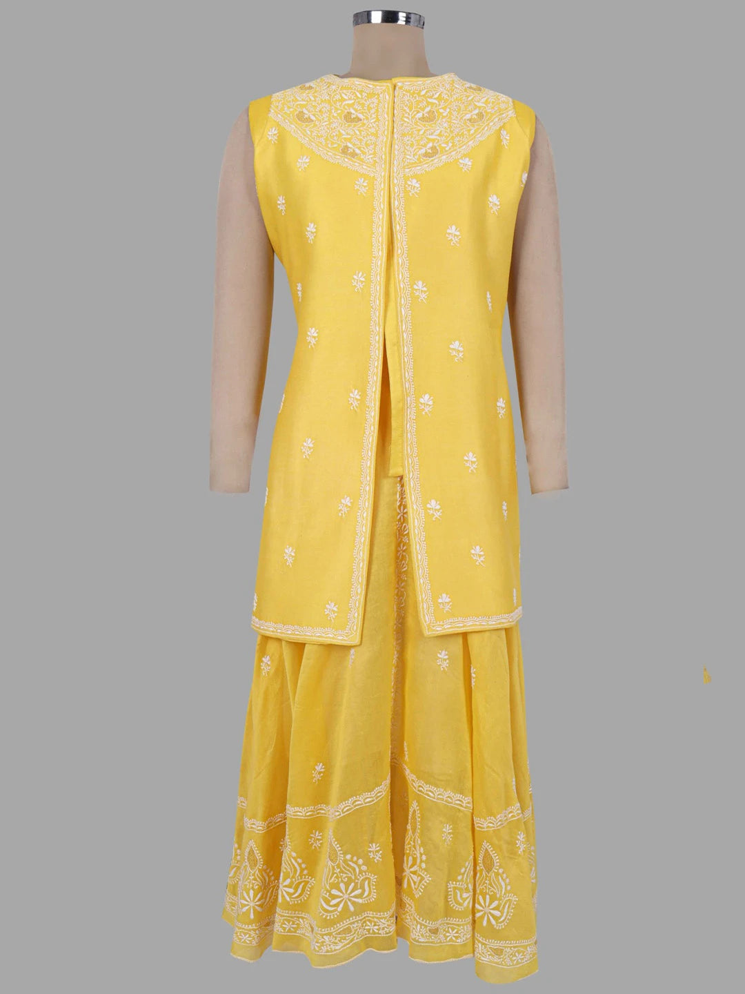Ada Hand Embroidered Yellow Chanderi Lucknowi Chikankari Semi-Stitched Anarkali Kurta Dupatta Set 01A205819