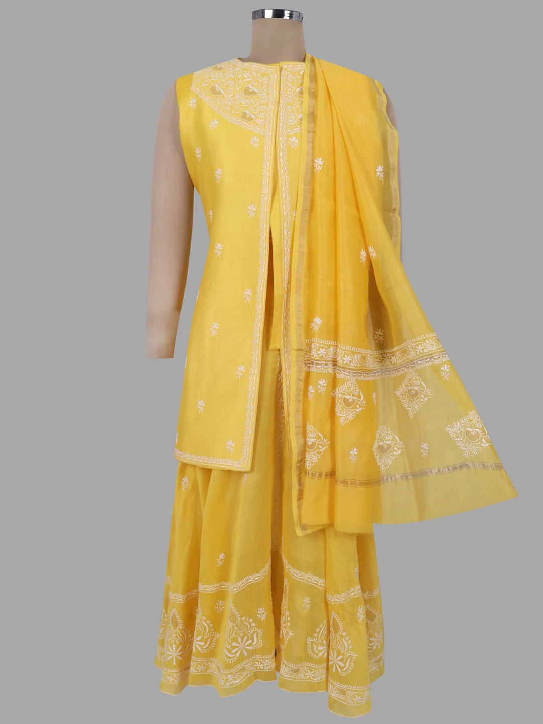 Ada Hand Embroidered Yellow Chanderi Lucknowi Chikankari Semi-Stitched Anarkali Kurta Dupatta Set 01A205819