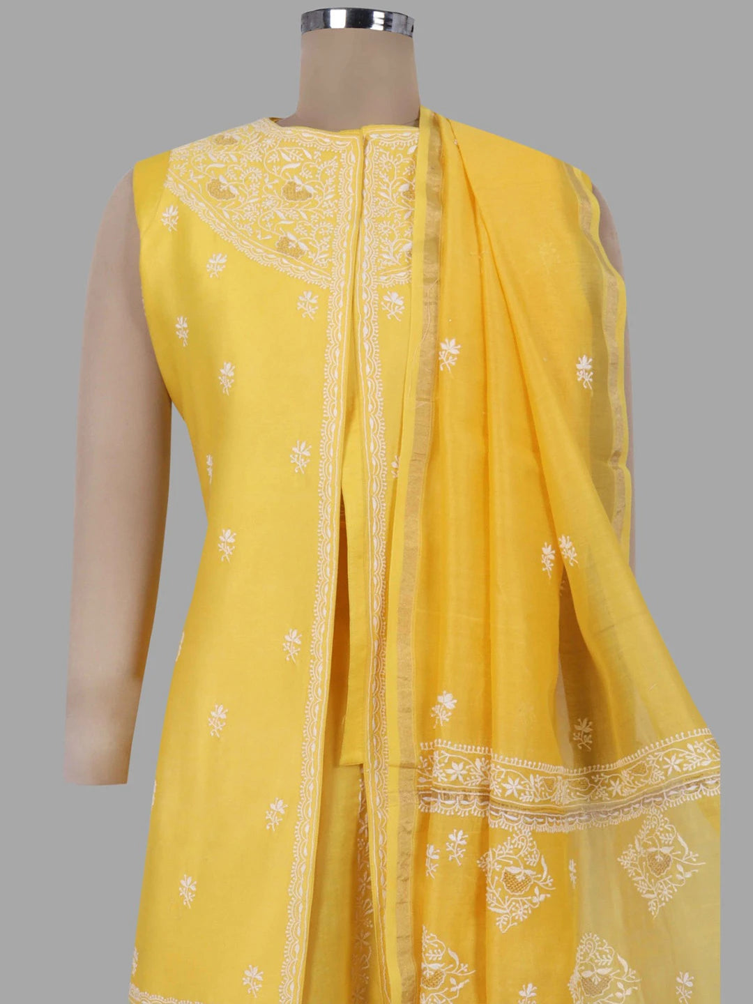 Ada Hand Embroidered Yellow Chanderi Lucknowi Chikankari Semi-Stitched Anarkali Kurta Dupatta Set 01A205819
