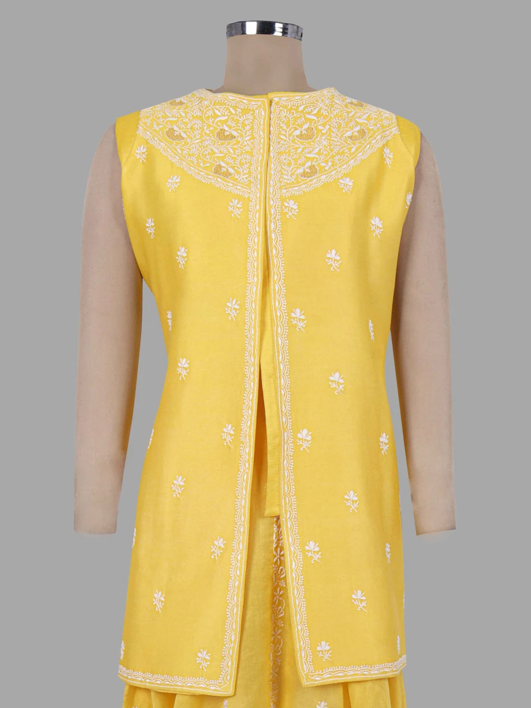 Ada Hand Embroidered Yellow Chanderi Lucknowi Chikankari Semi-Stitched Anarkali Kurta Dupatta Set 01A205819