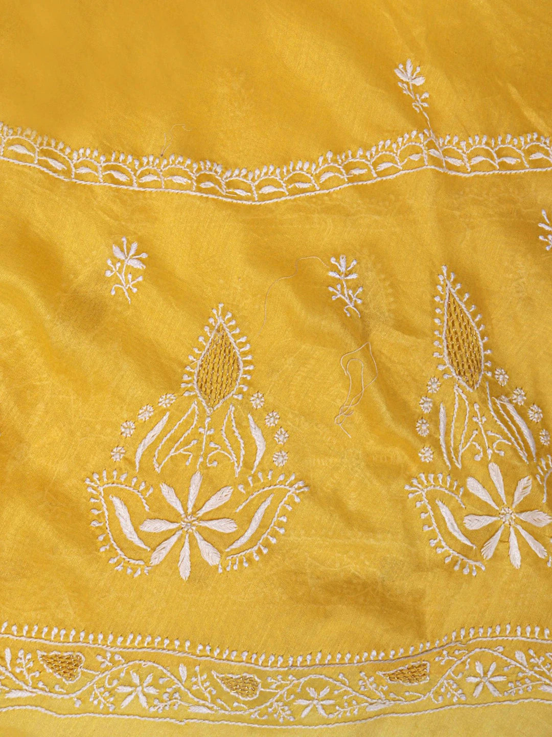 Ada Hand Embroidered Yellow Chanderi Lucknowi Chikankari Semi-Stitched Anarkali Kurta Dupatta Set 01A205819
