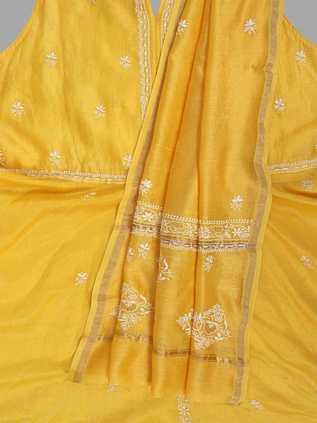 Ada Hand Embroidered Yellow Chanderi Lucknowi Chikankari Semi-Stitched Anarkali Kurta Dupatta Set 01A205819