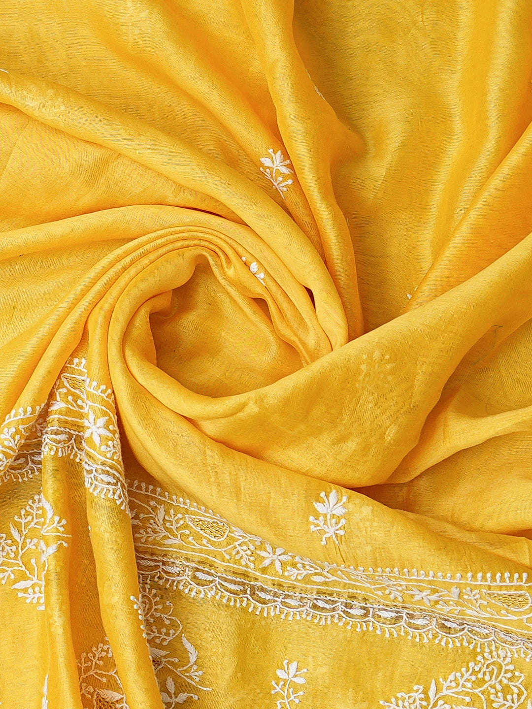 Ada Hand Embroidered Yellow Chanderi Lucknowi Chikankari Semi-Stitched Anarkali Kurta Dupatta Set 01A205819