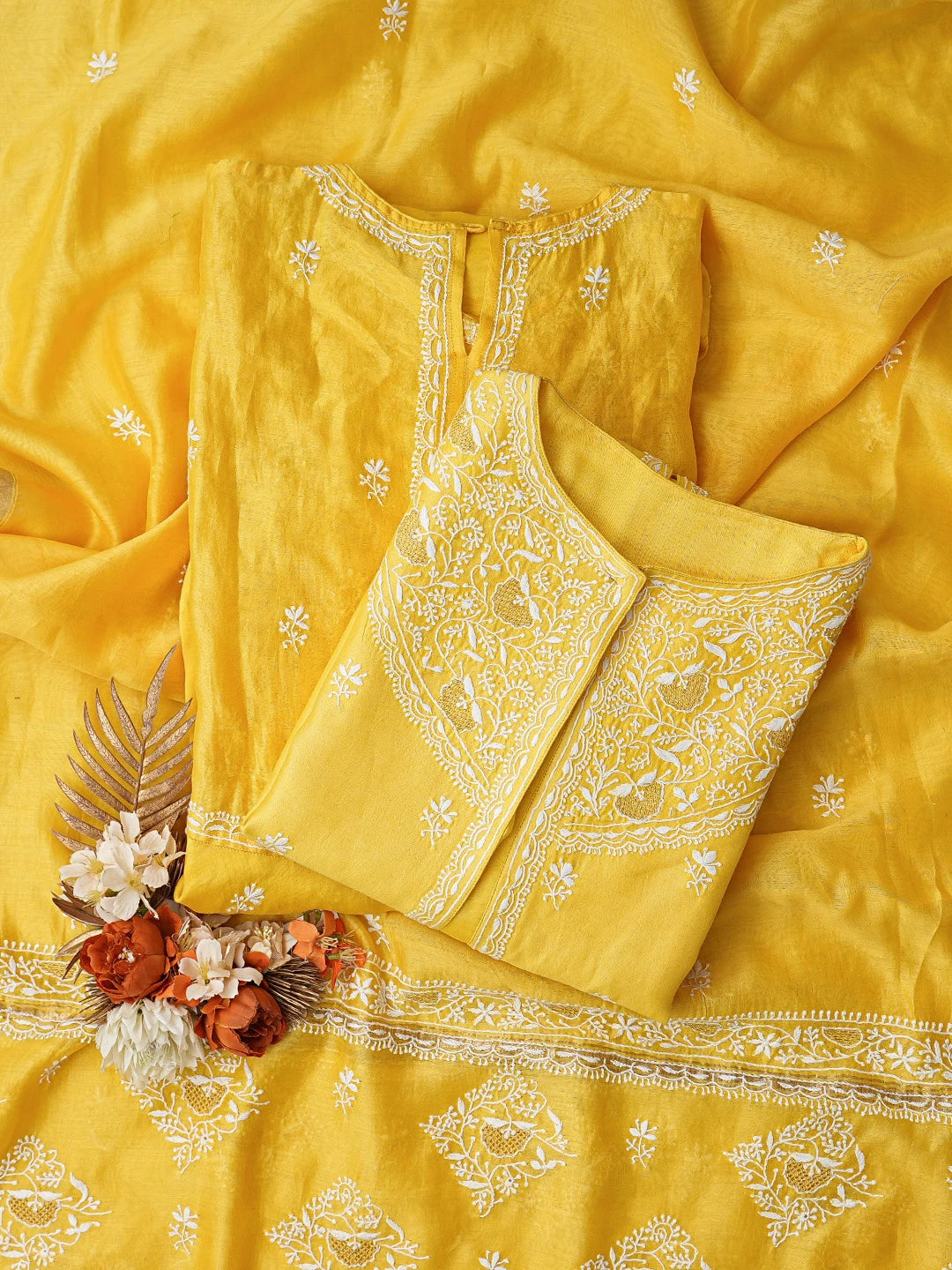 Ada Hand Embroidered Yellow Chanderi Lucknowi Chikankari Semi-Stitched Anarkali Kurta Dupatta Set 01A205819