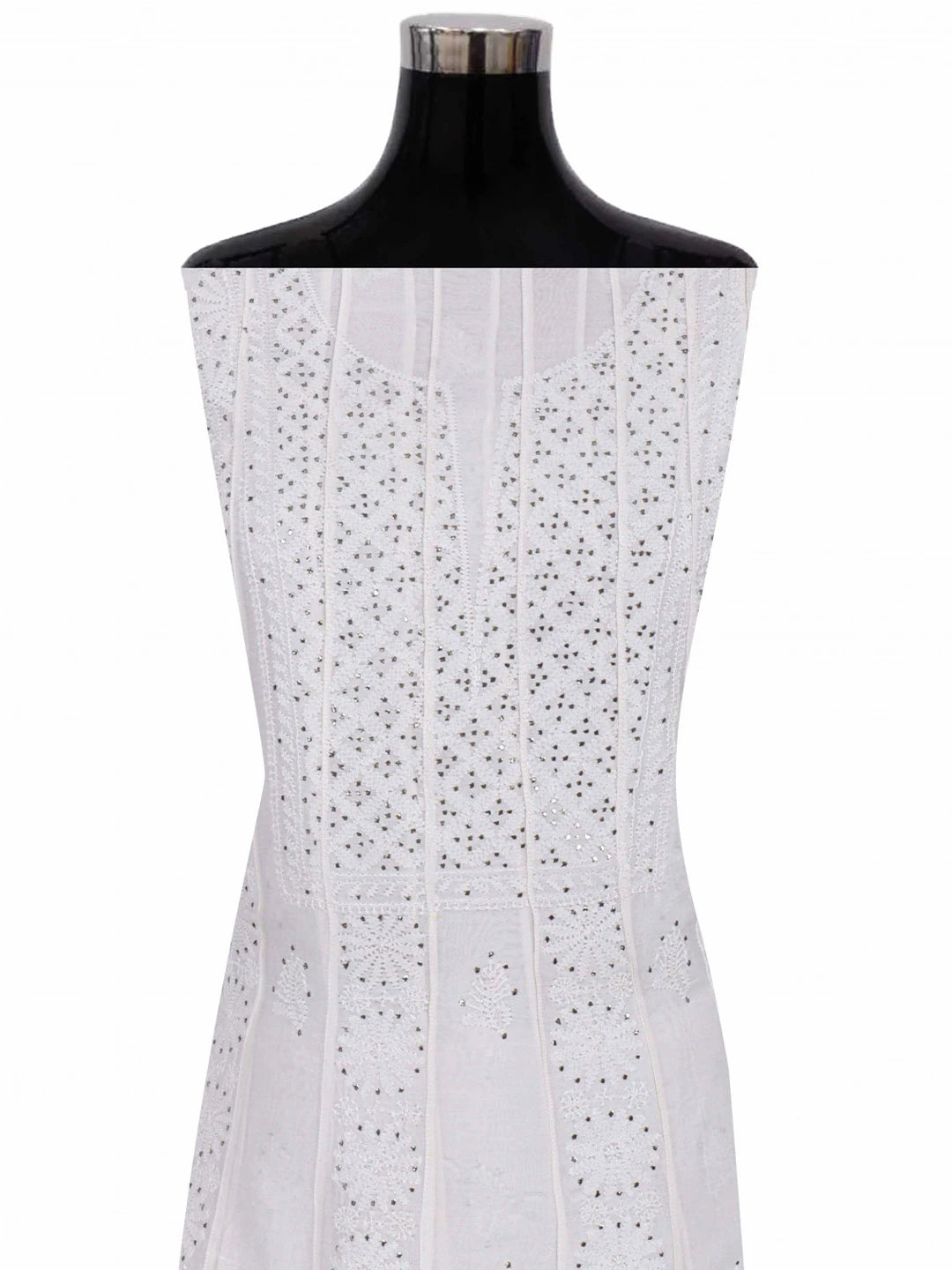 Ada Hand Embroidered White Chanderi Lucknowi Chikankari Semi-Stitched Anarkali Kurta Piece With Muqaish Work A588559