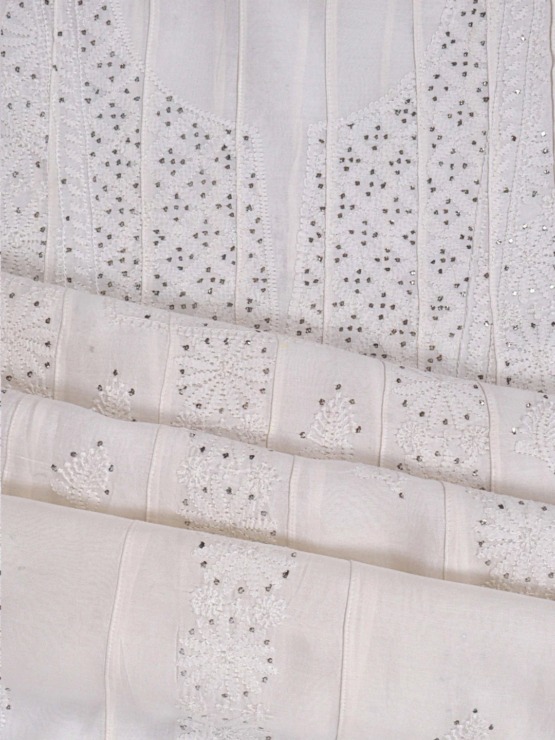 Ada Hand Embroidered White Chanderi Lucknowi Chikankari Semi-Stitched Anarkali Kurta Piece With Muqaish Work A588559