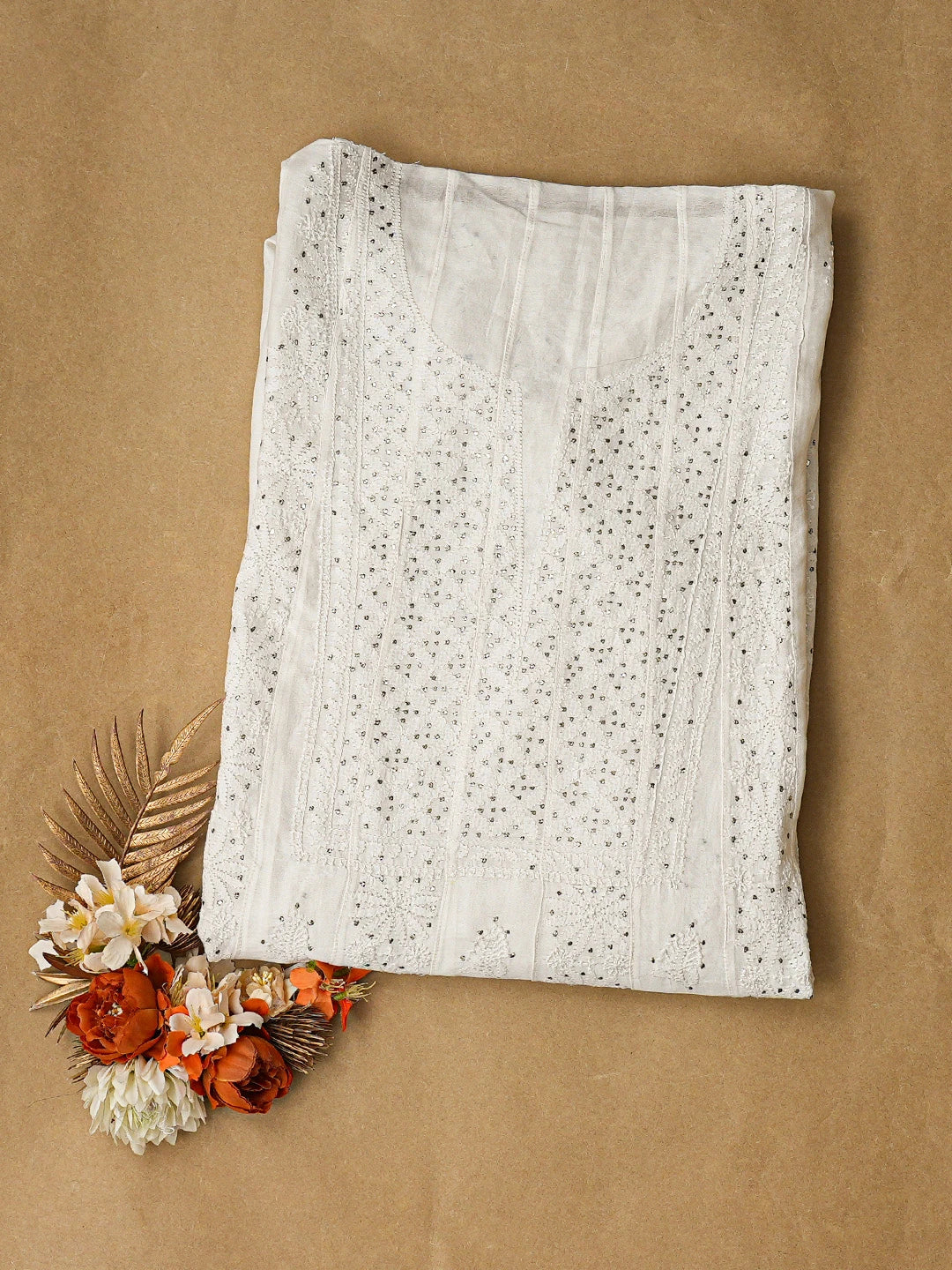 Ada Hand Embroidered White Chanderi Lucknowi Chikankari Semi-Stitched Anarkali Kurta Piece With Muqaish Work A588559