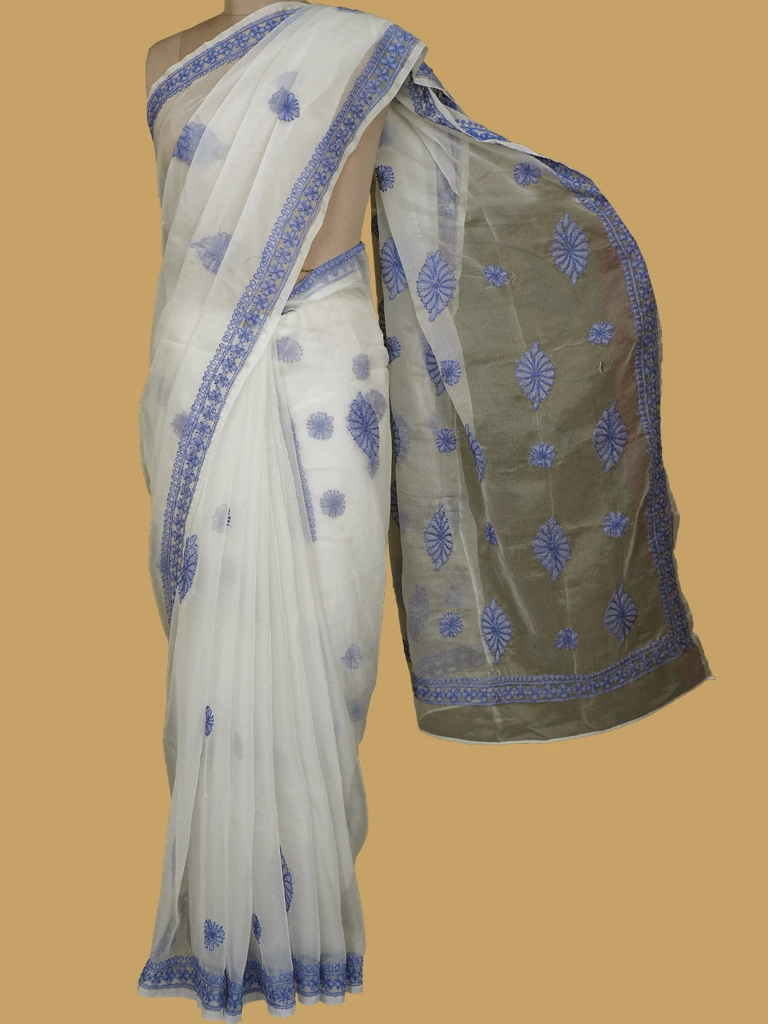 Ada Hand Embroidered White Organza Lucknowi Chikankari Saree With Blouse 01A704036