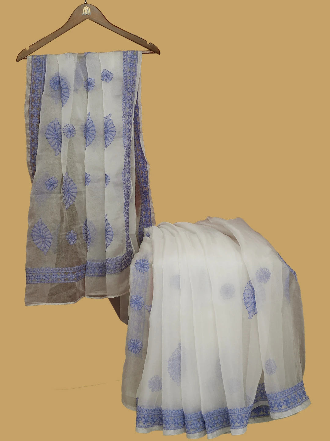 Ada Hand Embroidered White Organza Lucknowi Chikankari Saree With Blouse 01A704036