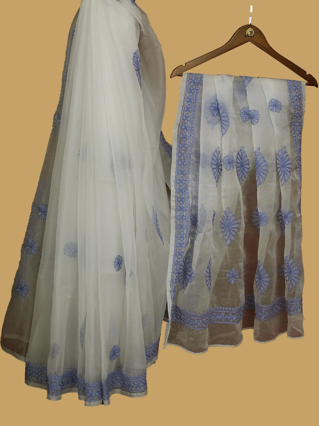 Ada Hand Embroidered White Organza Lucknowi Chikankari Saree With Blouse 01A704036