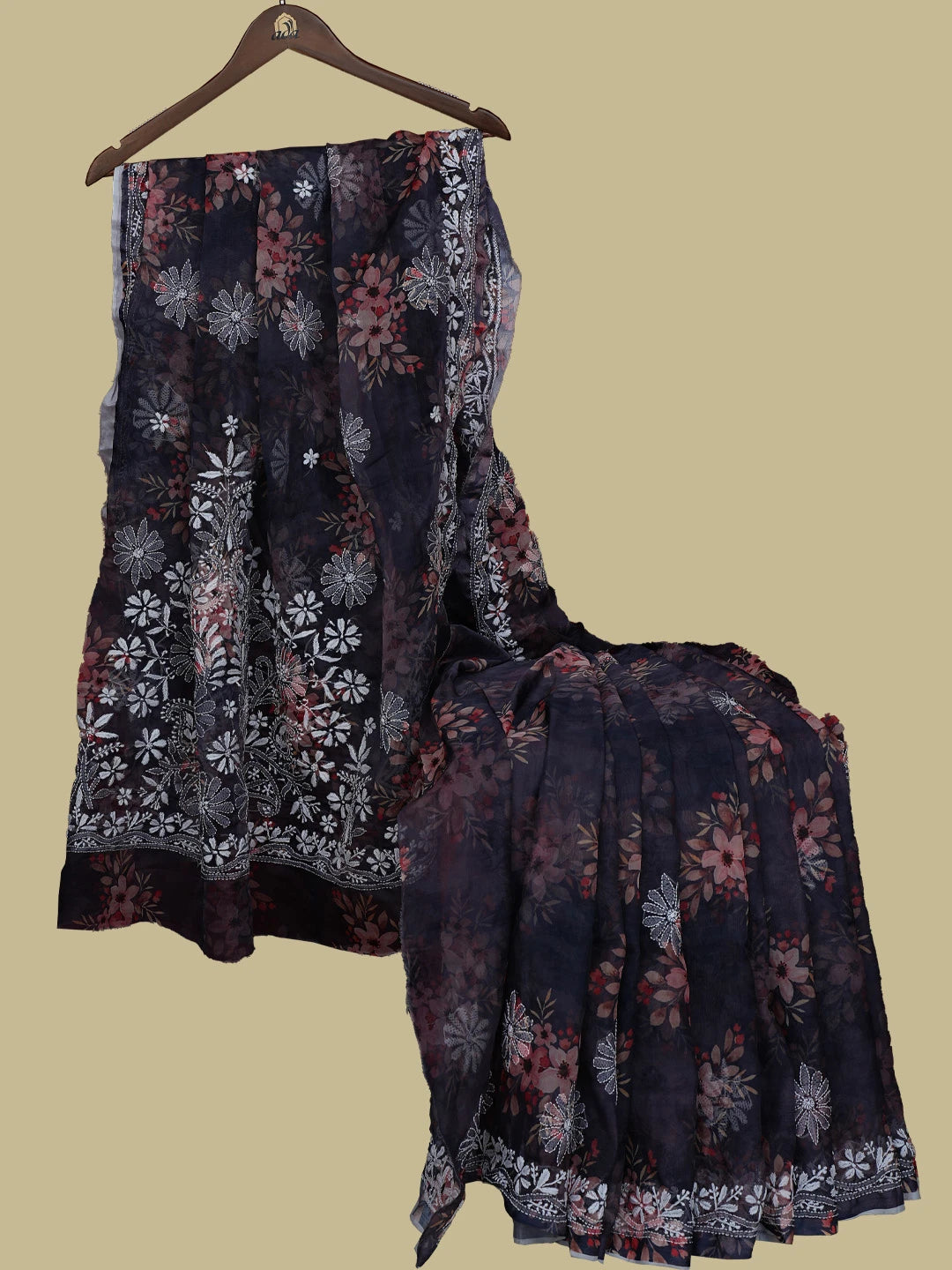 Ada Hand Embroidered Navy Blue Organza Floral Print Lucknowi Chikankari Saree With Blouse 01A785385
