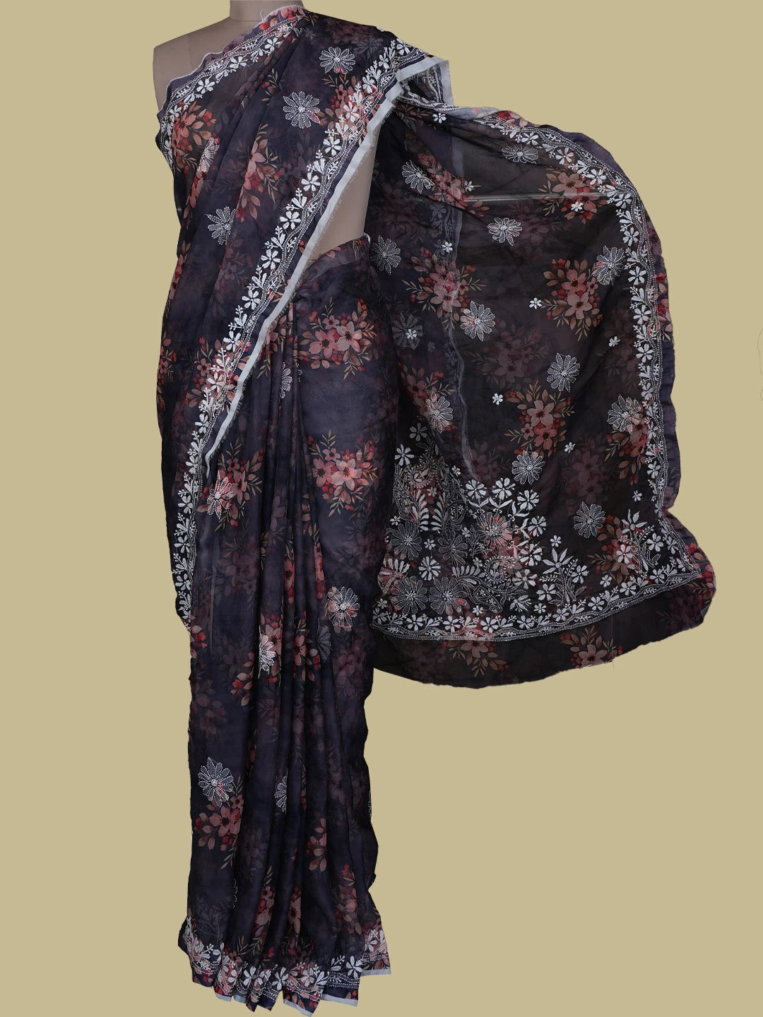 Ada Hand Embroidered Navy Blue Organza Floral Print Lucknowi Chikankari Saree With Blouse 01A785385