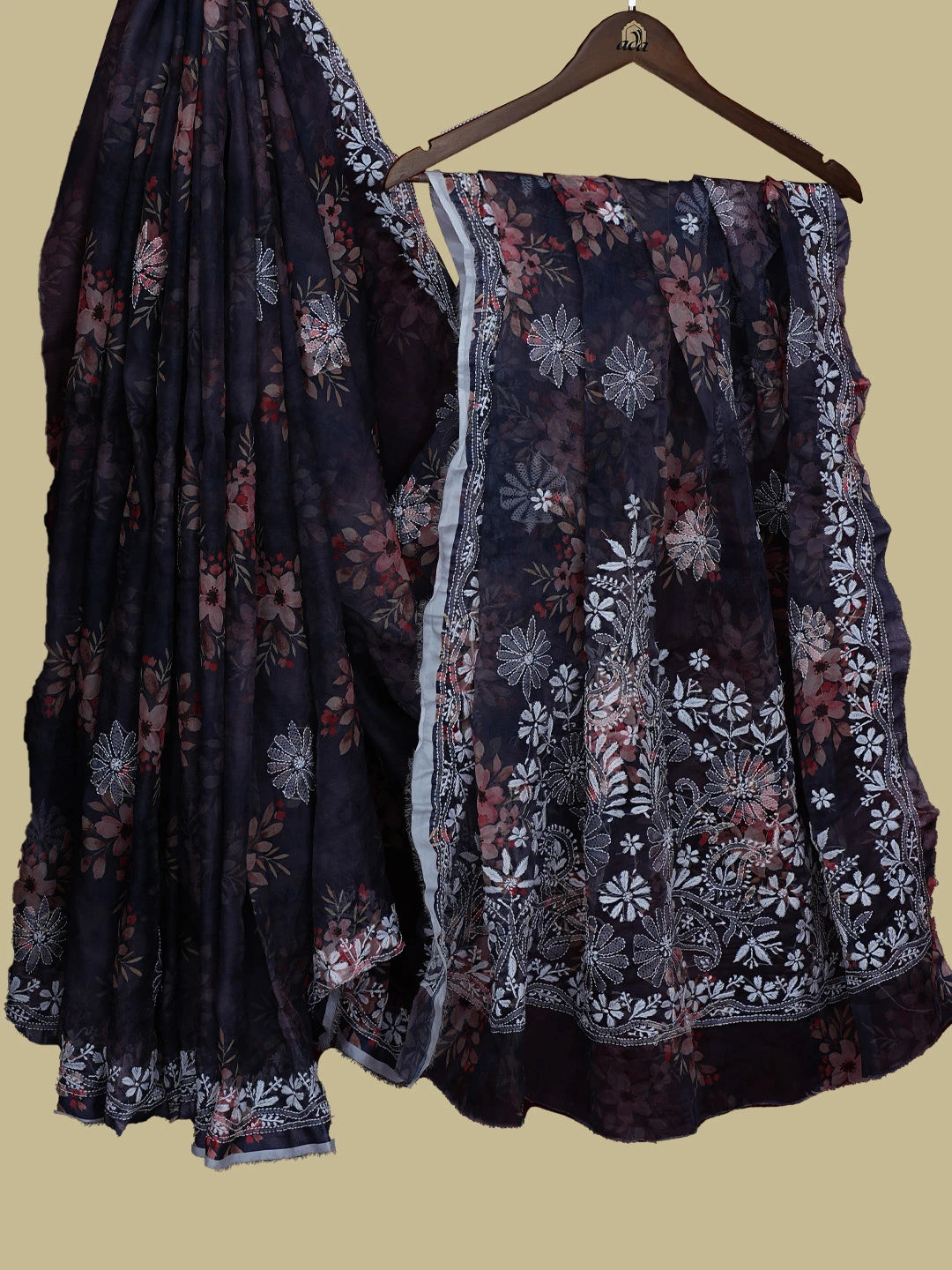 Ada Hand Embroidered Navy Blue Organza Floral Print Lucknowi Chikankari Saree With Blouse 01A785385
