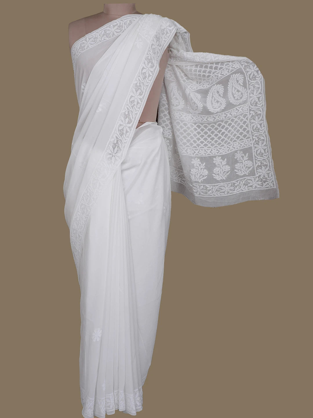 Ada Hand Embroidered White Viscose Georgette Lucknowi Chikankari Saree With Blouse 01A785292