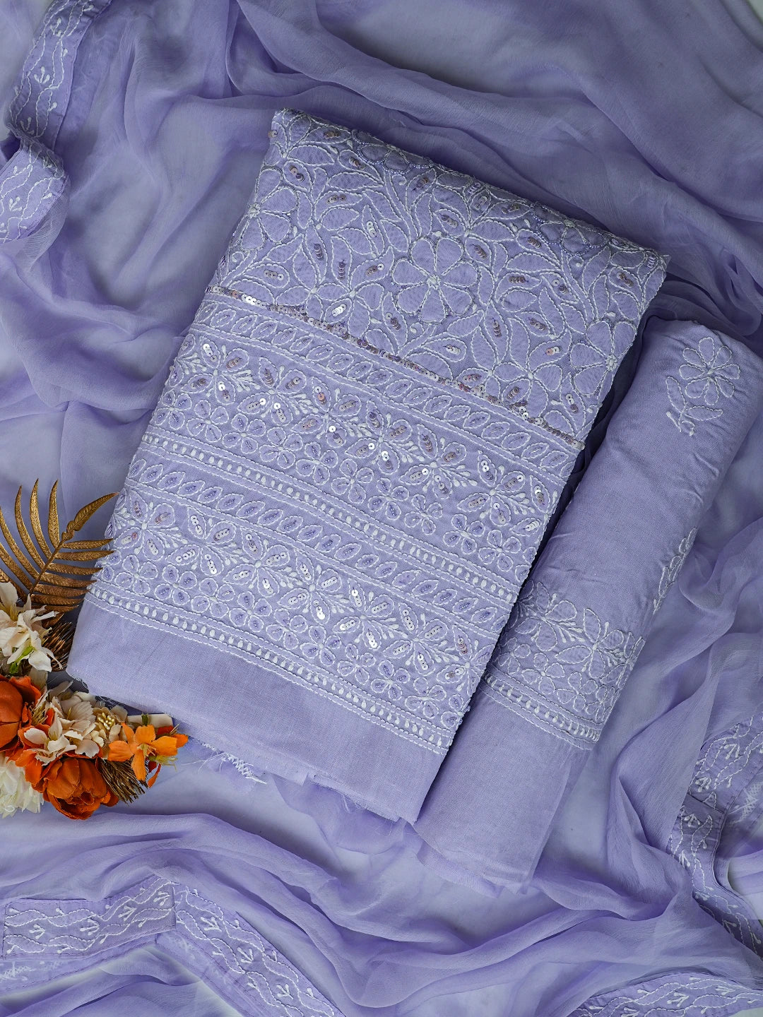 Ada Hand Embroidered Mauve Cotton Lucknowi Chikankari Unstitched Suit Piece With Cutdana Work 01A791879