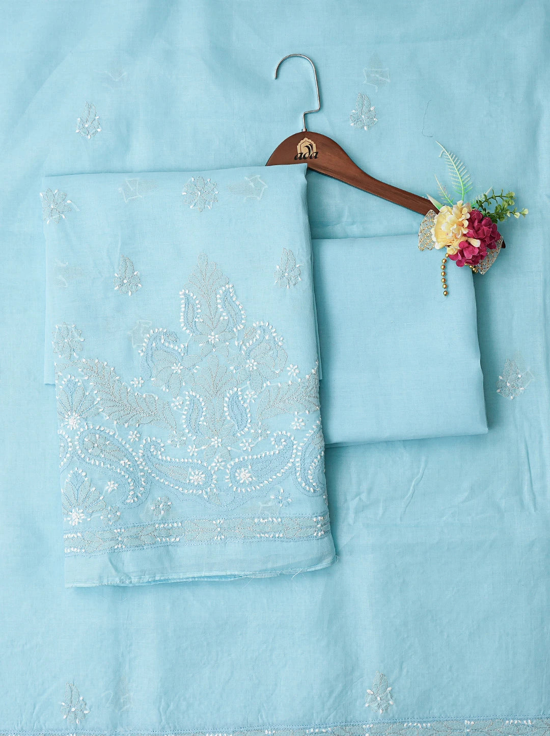 Ada Hand Embroidered Light Sky Blue Cotton Lucknowi Chikankari Unstitched Suit Piece 01A780228