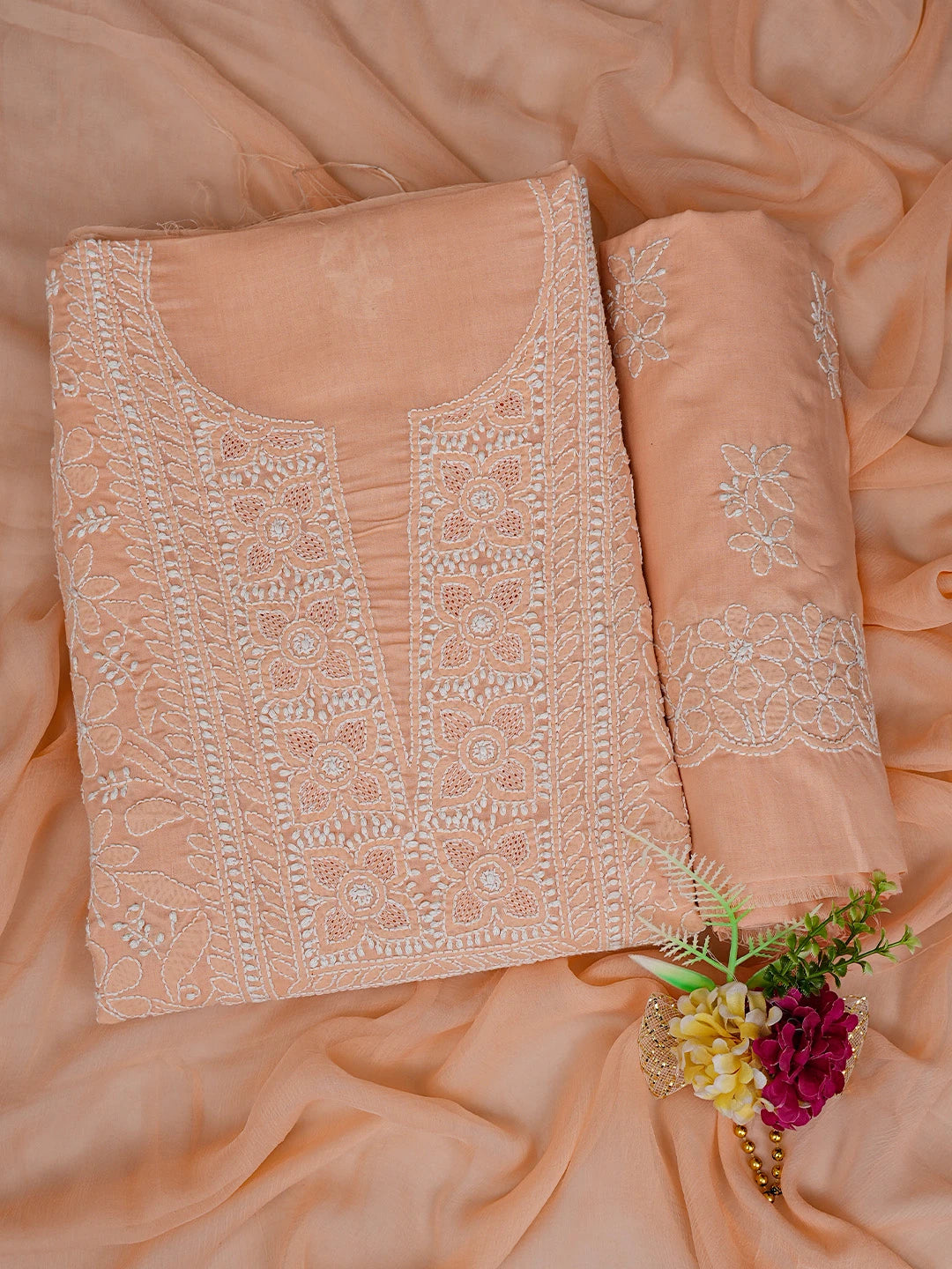 Ada Hand Embroidered Peach Cotton Lucknowi Chikankari Unstitched Suit Piece 01A783100