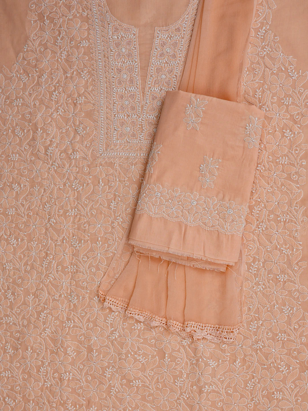 Ada Hand Embroidered Peach Cotton Lucknowi Chikankari Unstitched Suit Piece 01A783100
