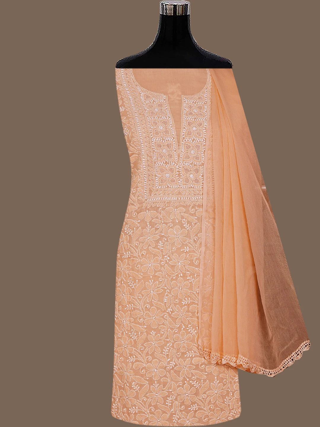 Ada Hand Embroidered Peach Cotton Lucknowi Chikankari Unstitched Suit Piece 01A783100