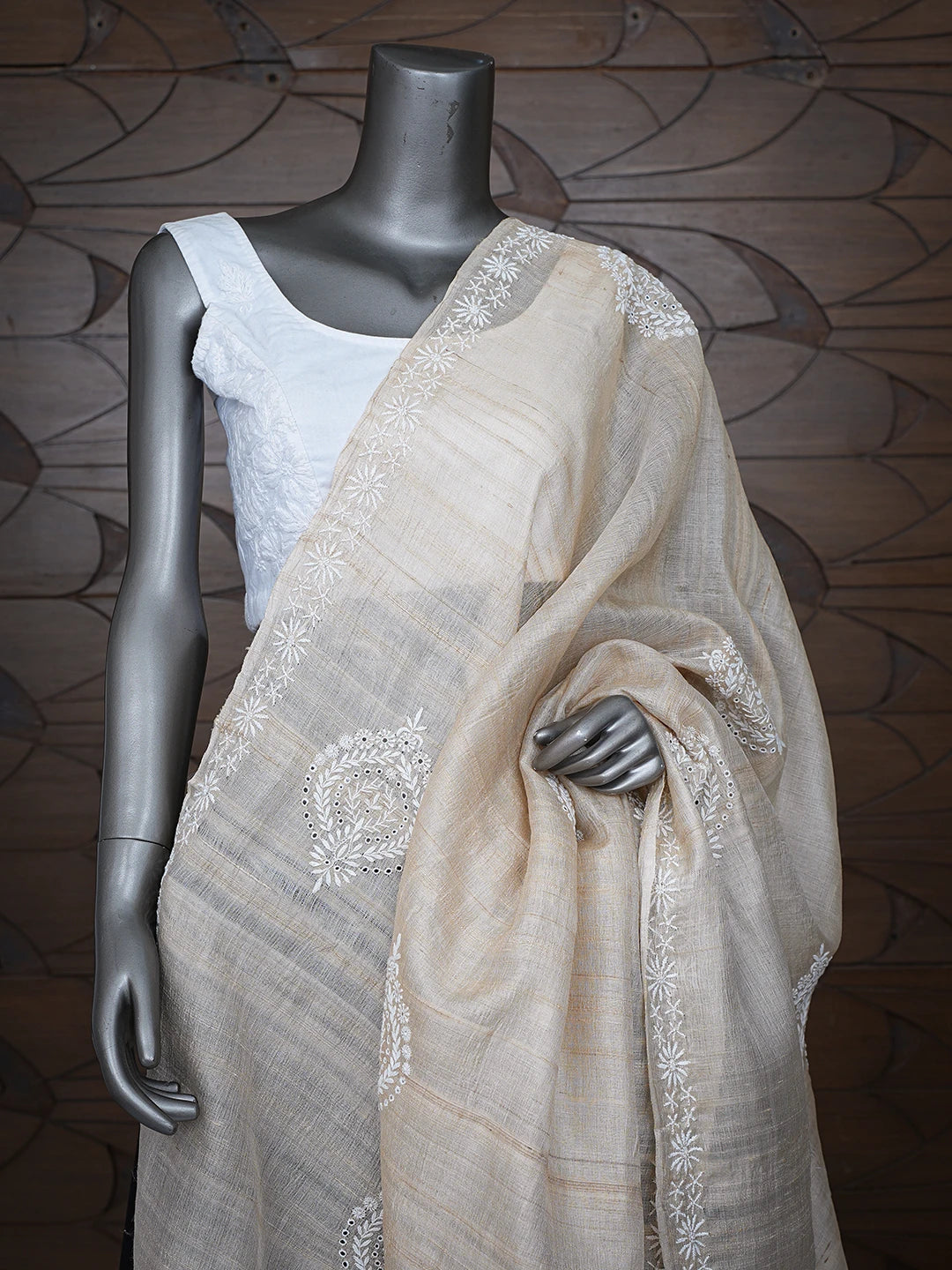 Ada Hand Embroidered Fawn Silk Lucknowi Chikankari Dupatta 01A736373