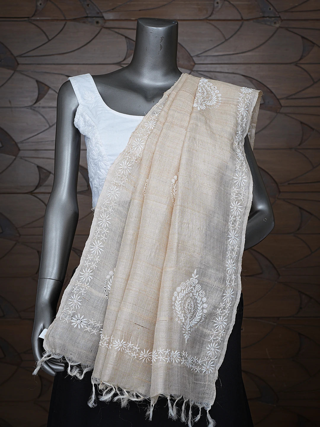 Ada Hand Embroidered Fawn Silk Lucknowi Chikankari Dupatta 01A736373