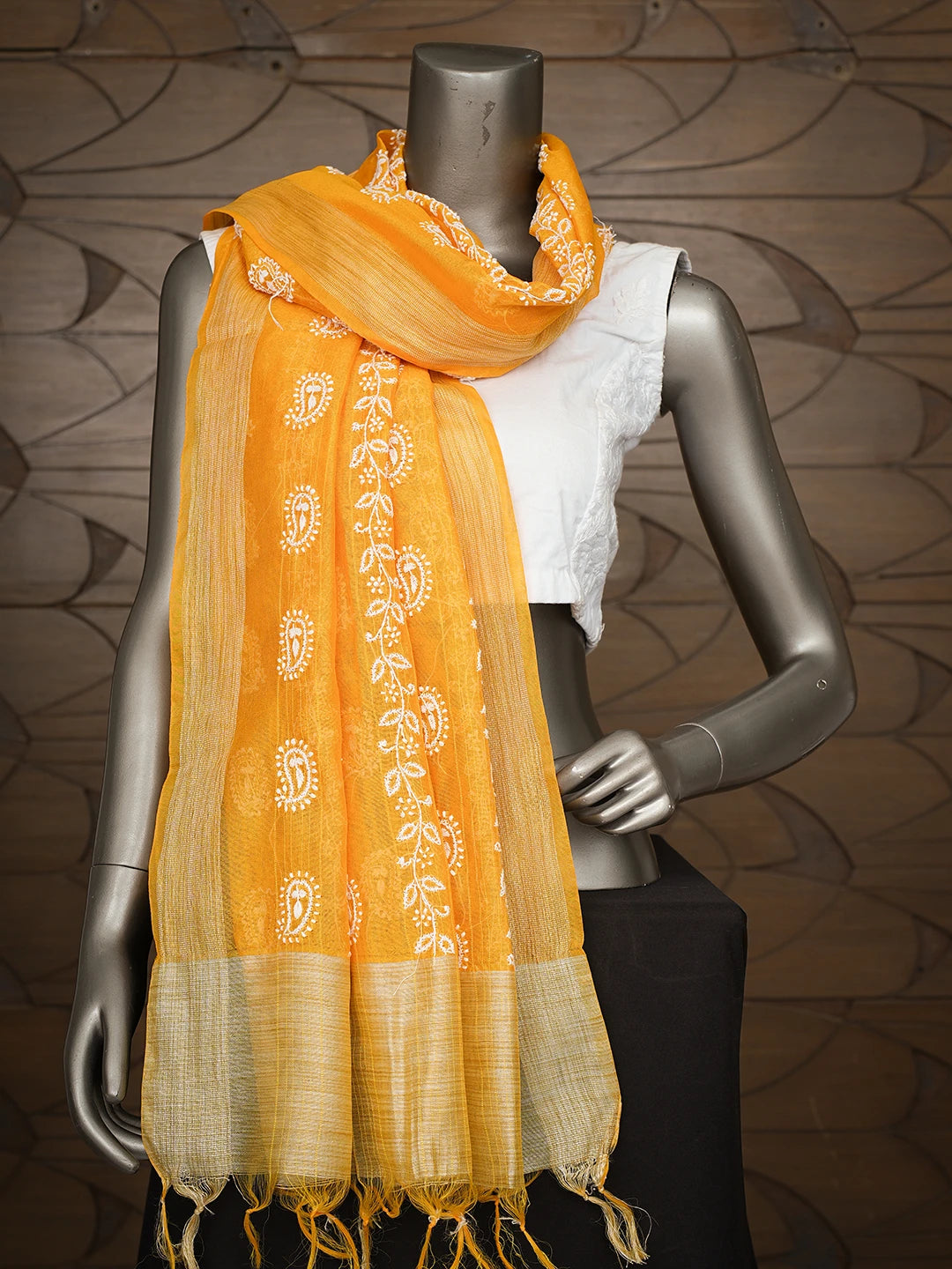 Ada Hand Embroidered Yellow Chanderi Lucknowi Chikankari Dupatta 01A752033