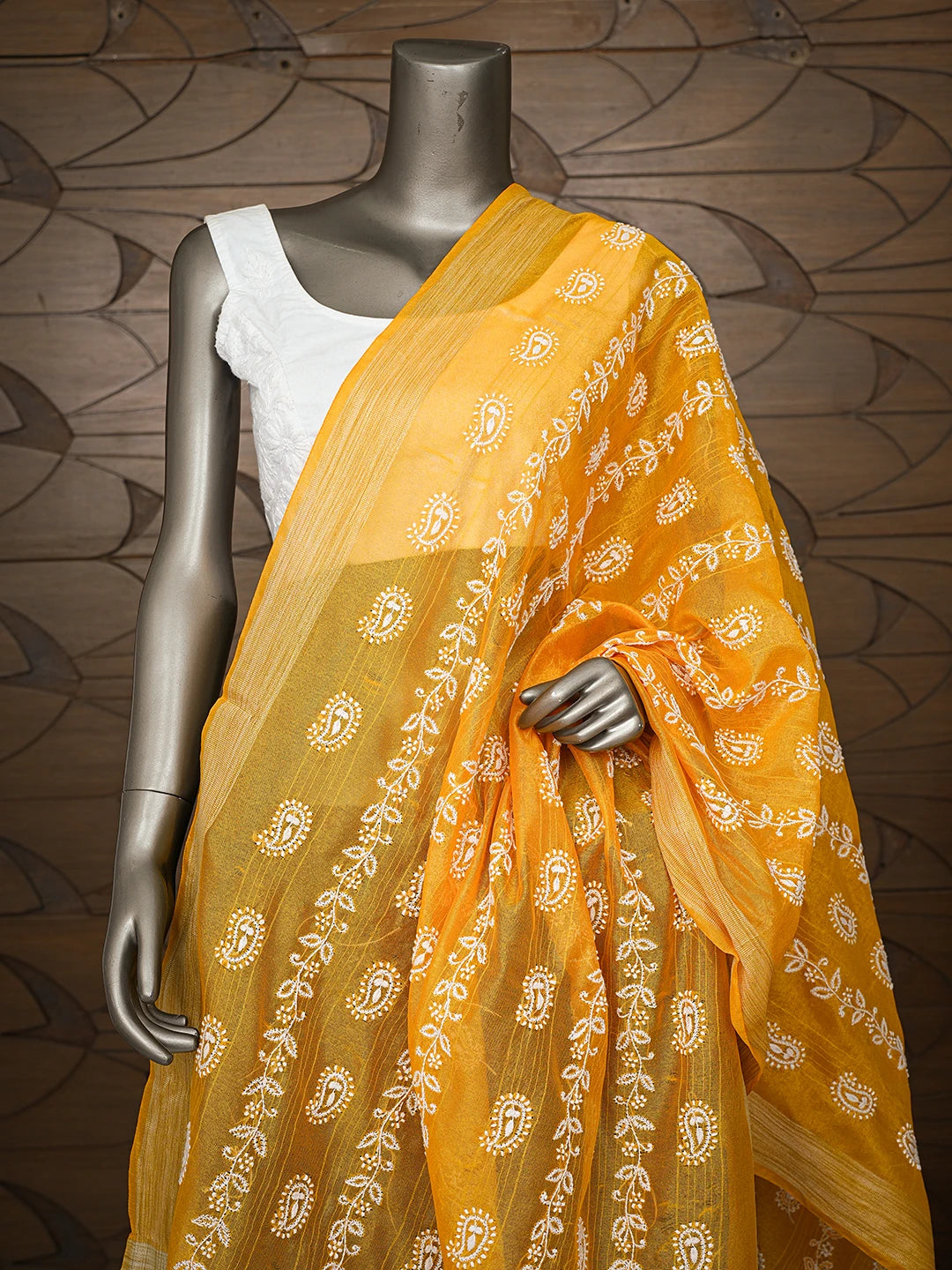 Ada Hand Embroidered Yellow Chanderi Lucknowi Chikankari Dupatta 01A752033