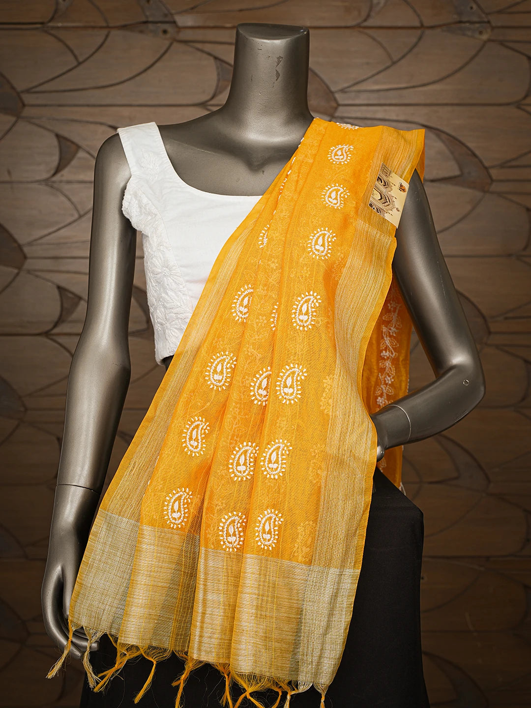 Ada Hand Embroidered Yellow Chanderi Lucknowi Chikankari Dupatta 01A752033