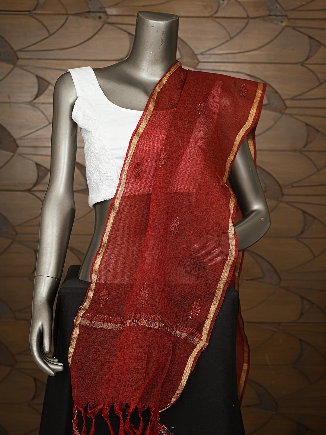 Ada Hand Embroidered Maroon Kota Lucknowi Chikankari Dupatta With Mukaish Work 01A462098
