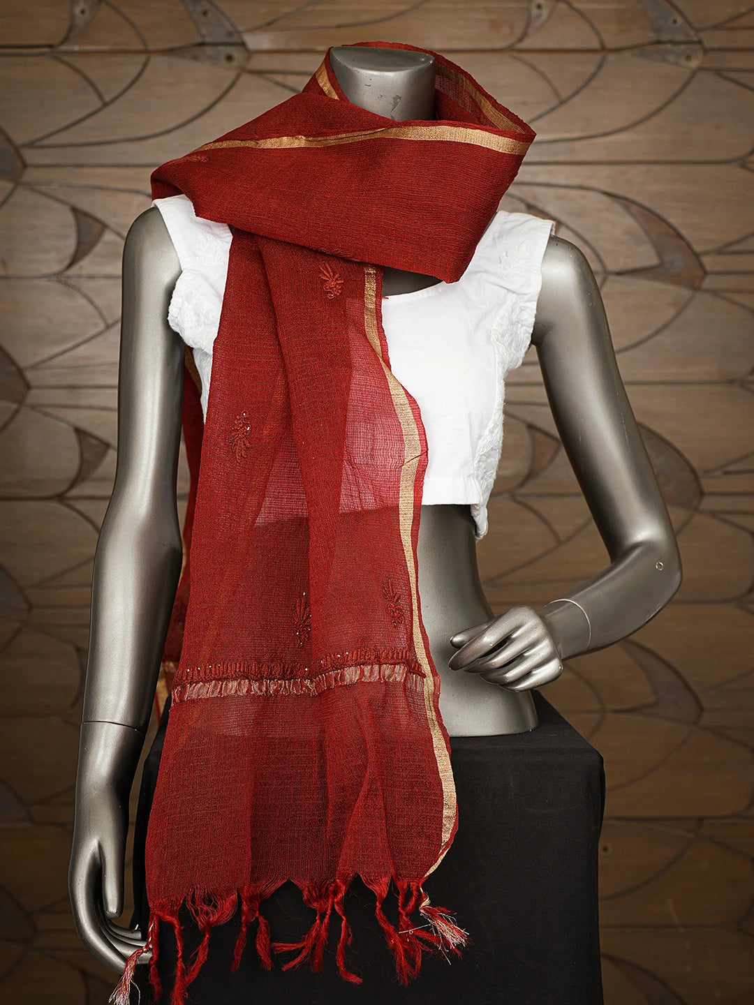 Ada Hand Embroidered Maroon Kota Lucknowi Chikankari Dupatta With Mukaish Work 01A462098