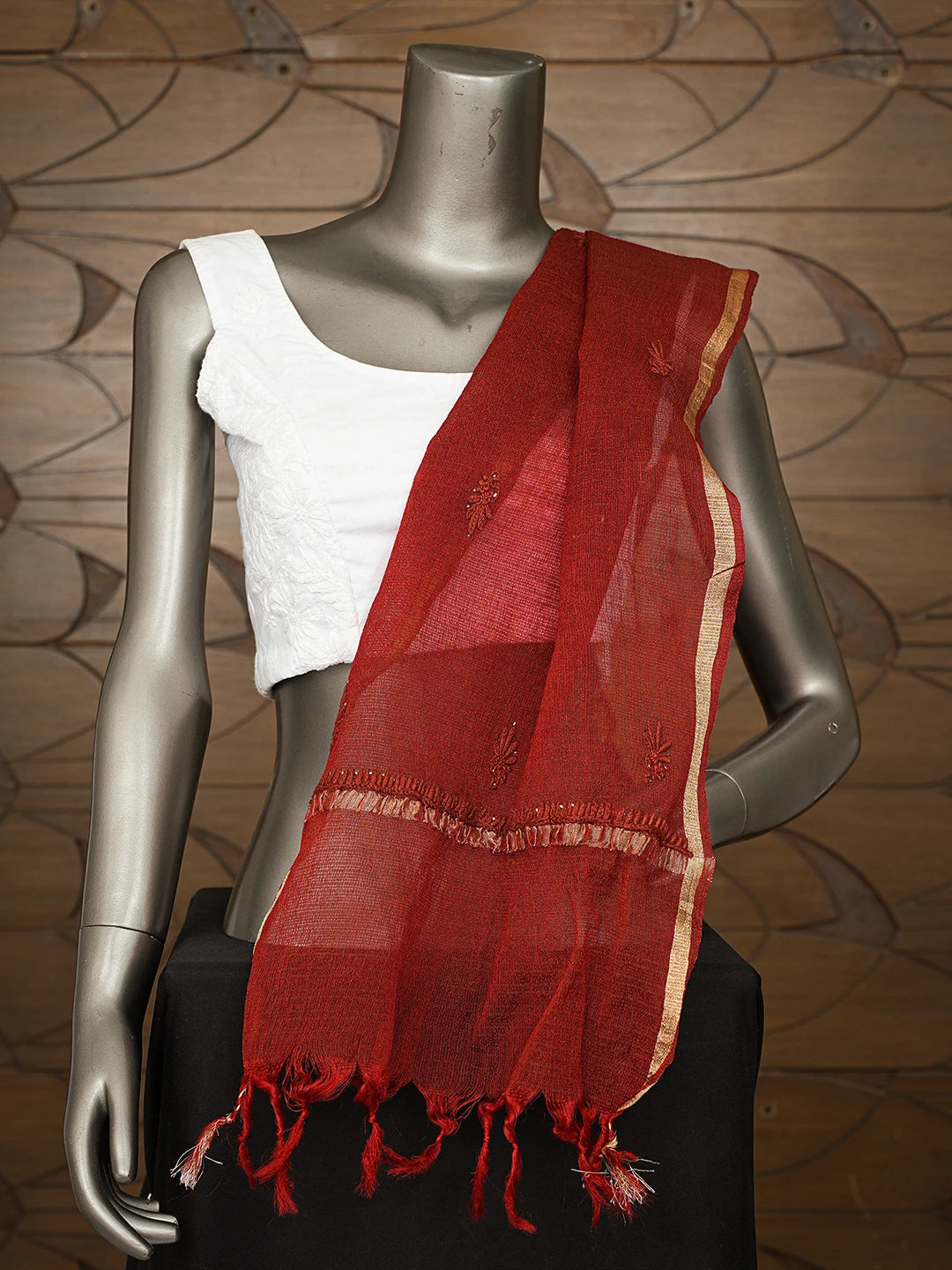 Ada Hand Embroidered Maroon Kota Lucknowi Chikankari Dupatta With Mukaish Work 01A462098