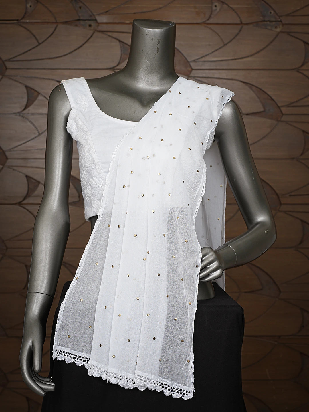 Ada Hand Embroidered White Chiffon Lucknowi Chikankari Dupatta With Mukaish Work 01A608257