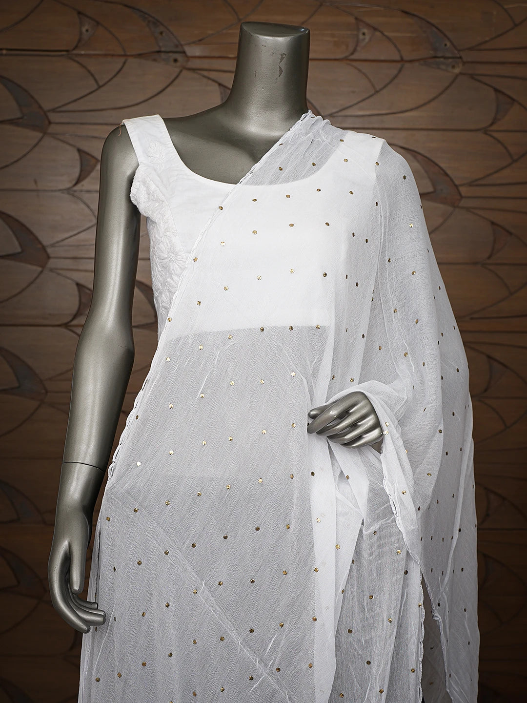 Ada Hand Embroidered White Chiffon Lucknowi Chikankari Dupatta With Mukaish Work 01A608257