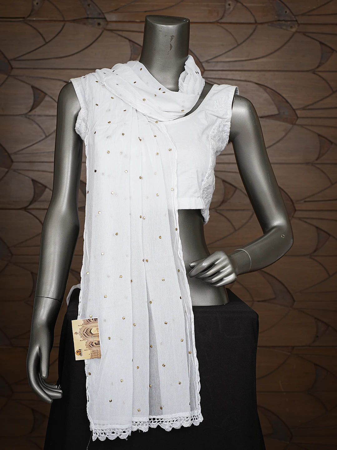 Ada Hand Embroidered White Chiffon Lucknowi Chikankari Dupatta With Mukaish Work 01A608257