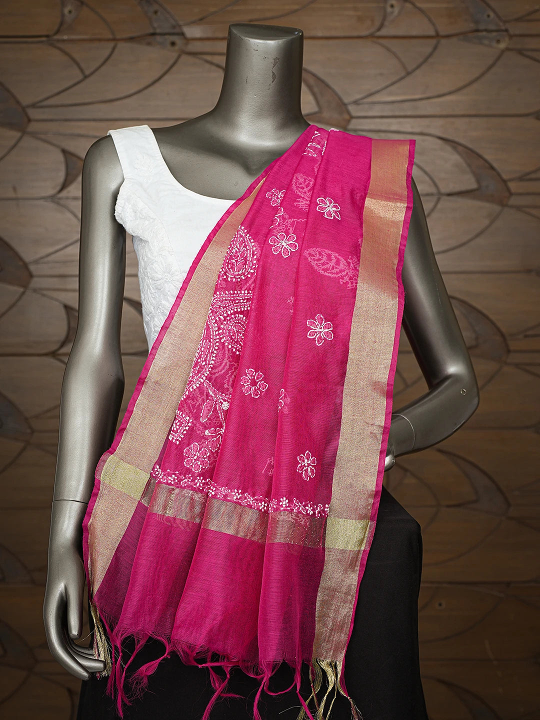 Ada Hand Embroidered Magenta Chanderi Lucknowi Chikankari Dupatta 01A774310