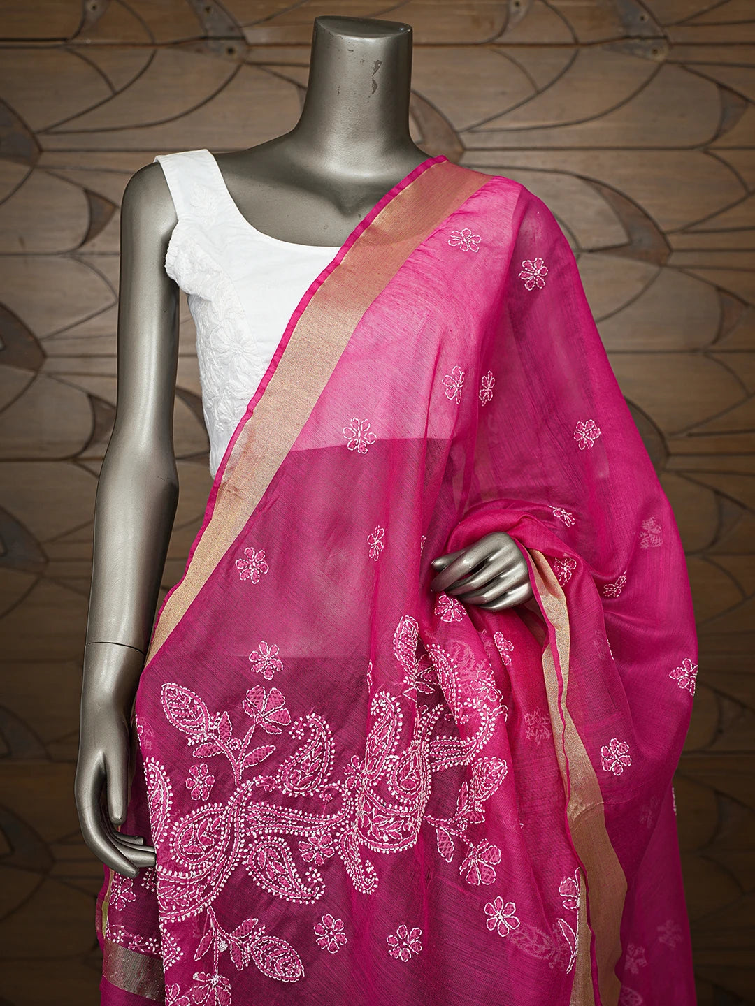 Ada Hand Embroidered Magenta Chanderi Lucknowi Chikankari Dupatta 01A774310