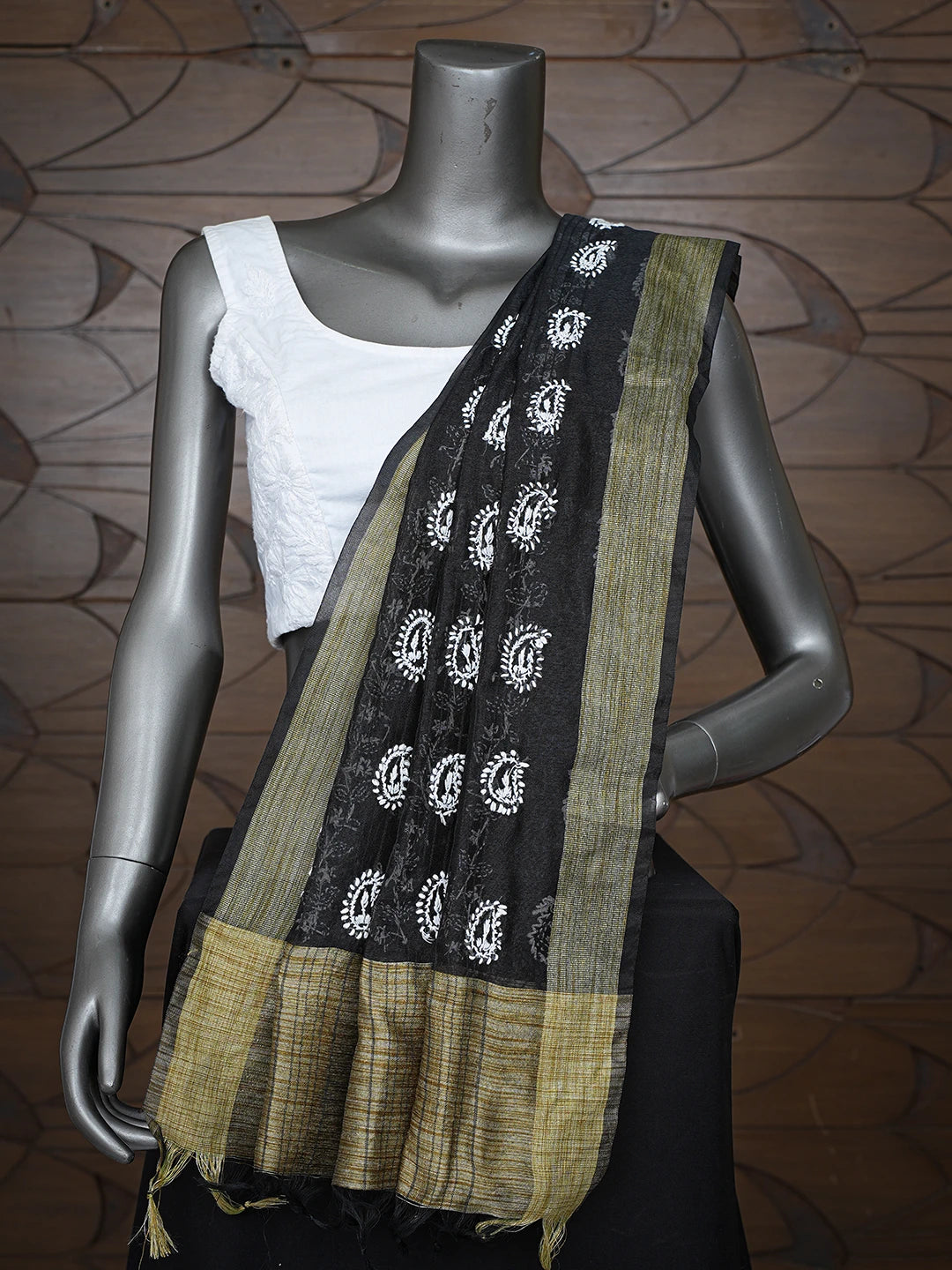 Ada Hand Embroidered Black Chanderi Lucknowi Chikankari Dupatta 01A774292