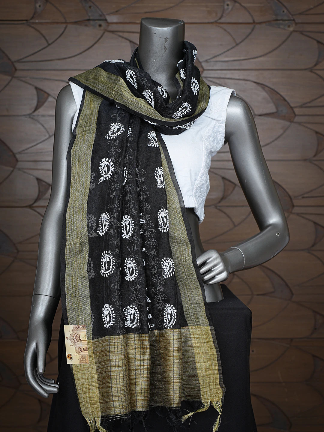Ada Hand Embroidered Black Chanderi Lucknowi Chikankari Dupatta 01A774292