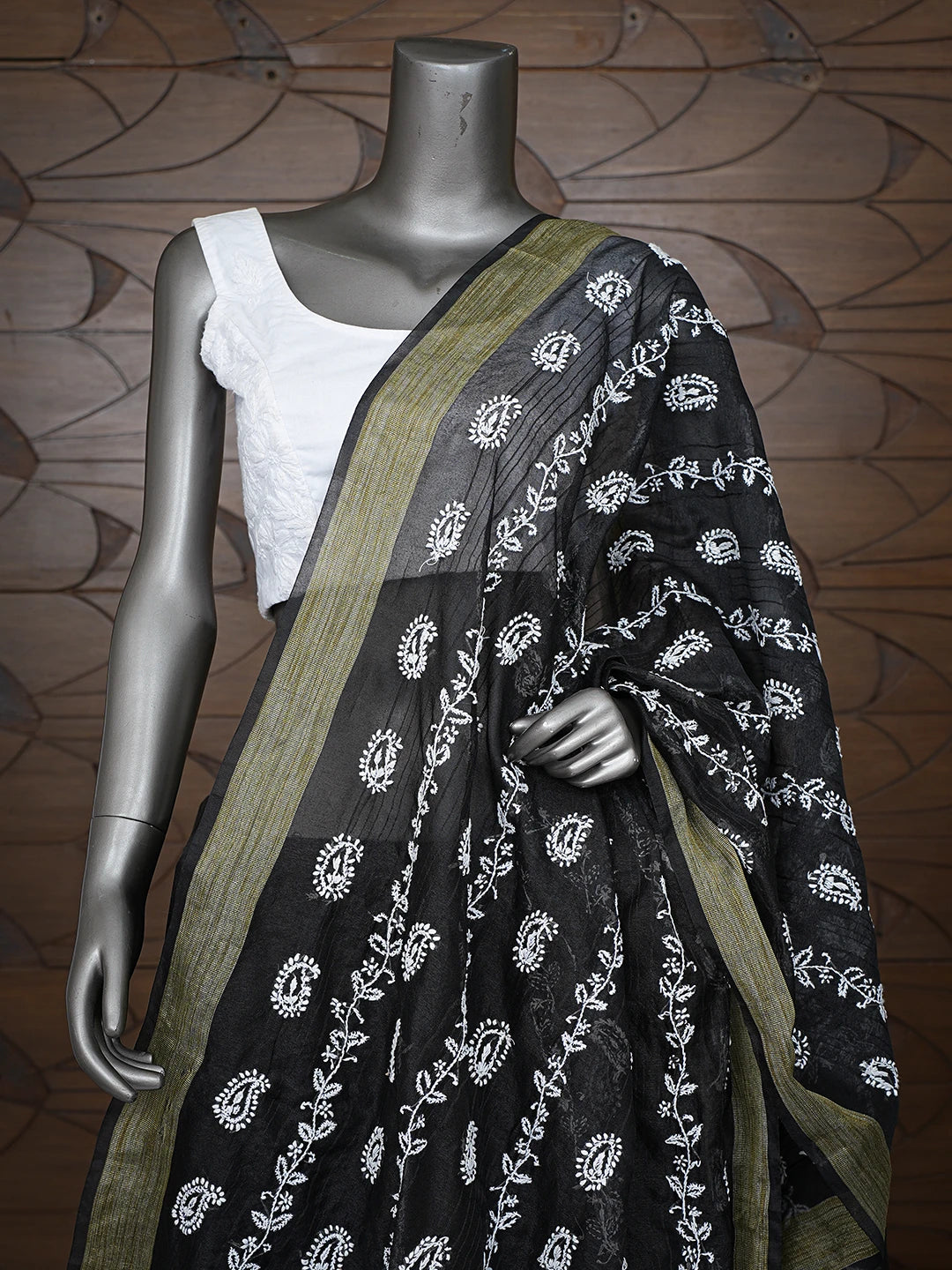 Ada Hand Embroidered Black Chanderi Lucknowi Chikankari Dupatta 01A774292