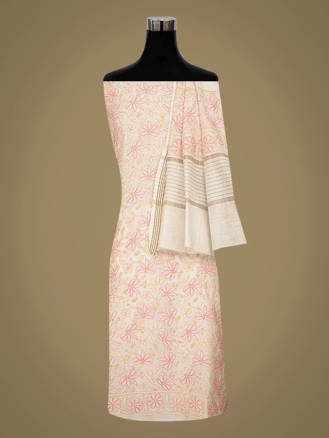 Ada Hand Embroidered Off White Chanderi Lucknowi Chikankari Unstitched Kurta Dupatta Set 01A792638