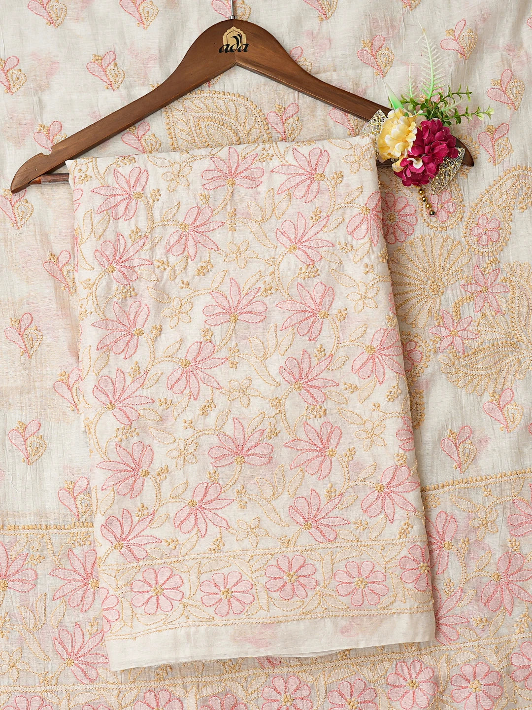 Ada Hand Embroidered Off White Chanderi Lucknowi Chikankari Unstitched Kurta Dupatta Set 01A792638