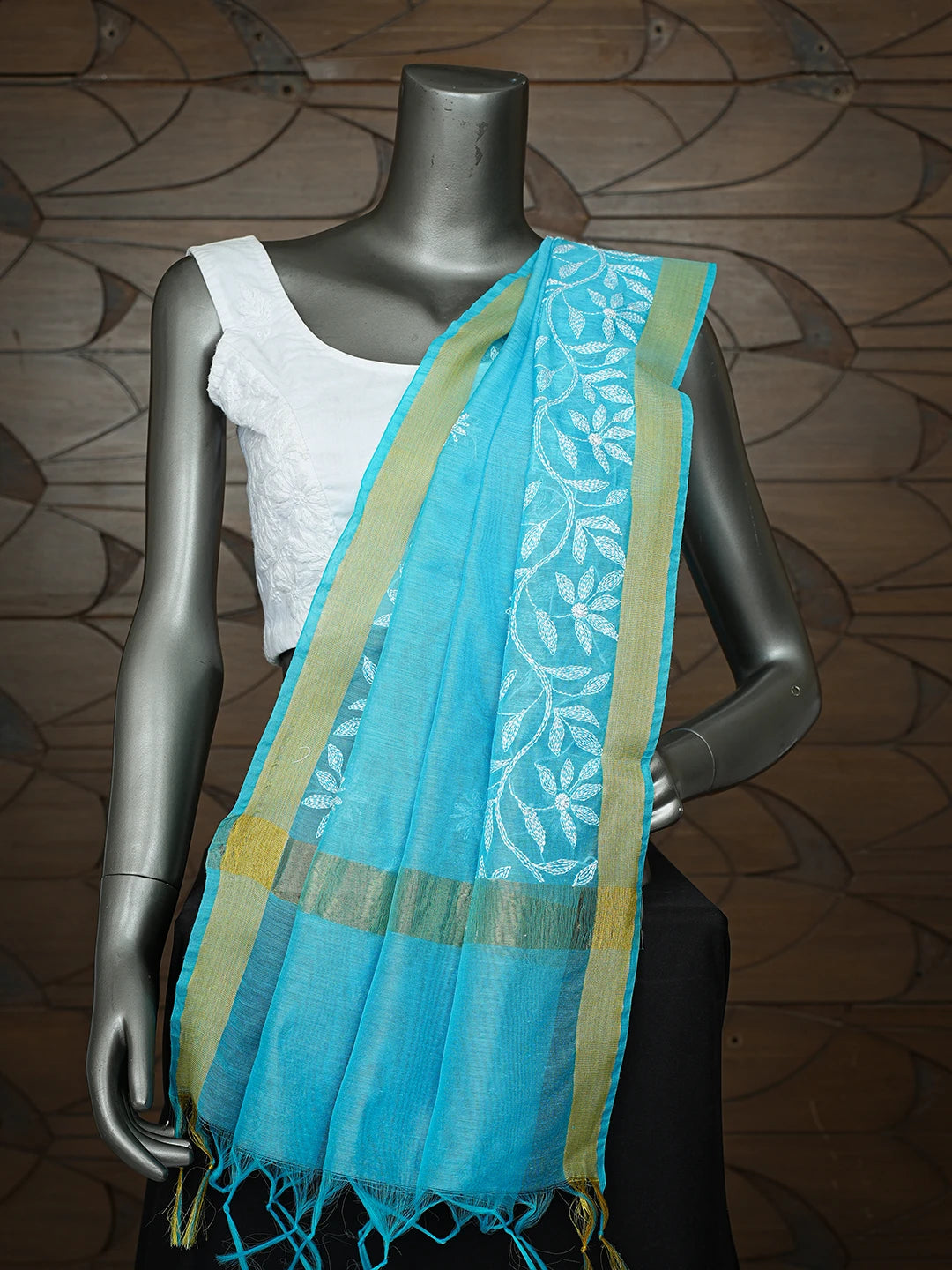 Ada Hand Embroidered Sky Blue Chanderi Lucknowi Chikankari Dupatta 01A752148